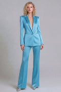 Peaked Lapel Satin Blue 2 Piece Single Buckle Women Suits