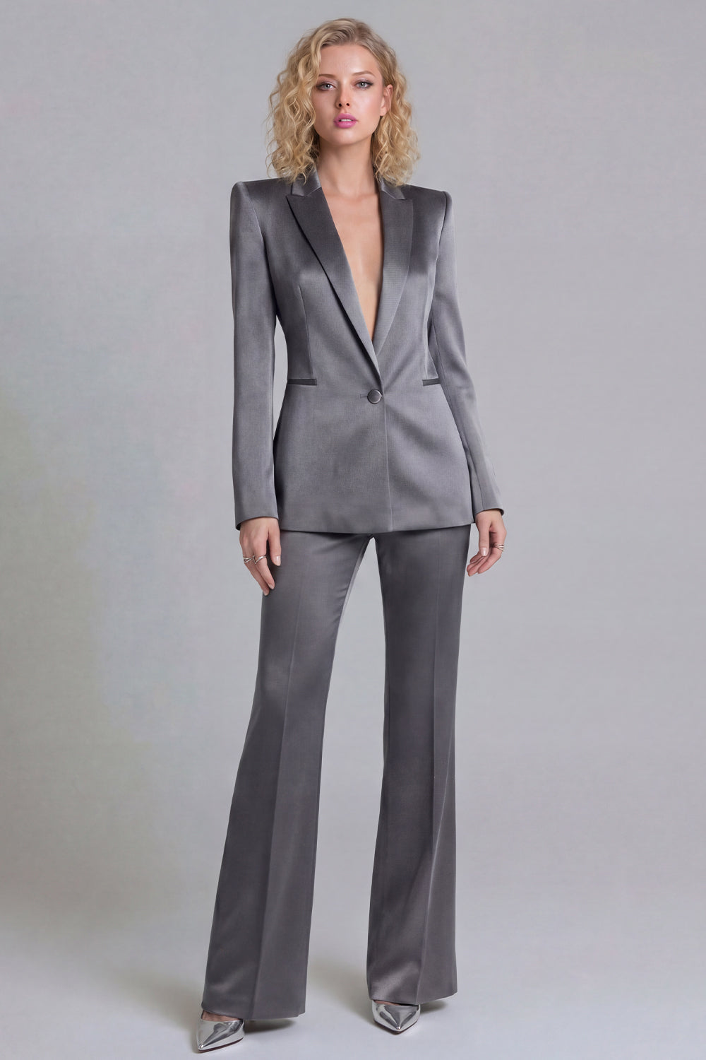 Peaked Lapel Satin Blue 2 Piece Single Buckle Women Suits