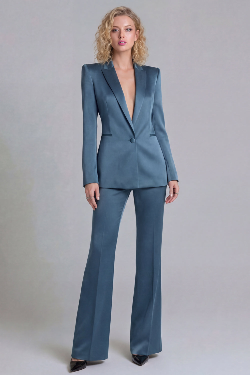 Peaked Lapel Satin Blue 2 Piece Single Buckle Women Suits