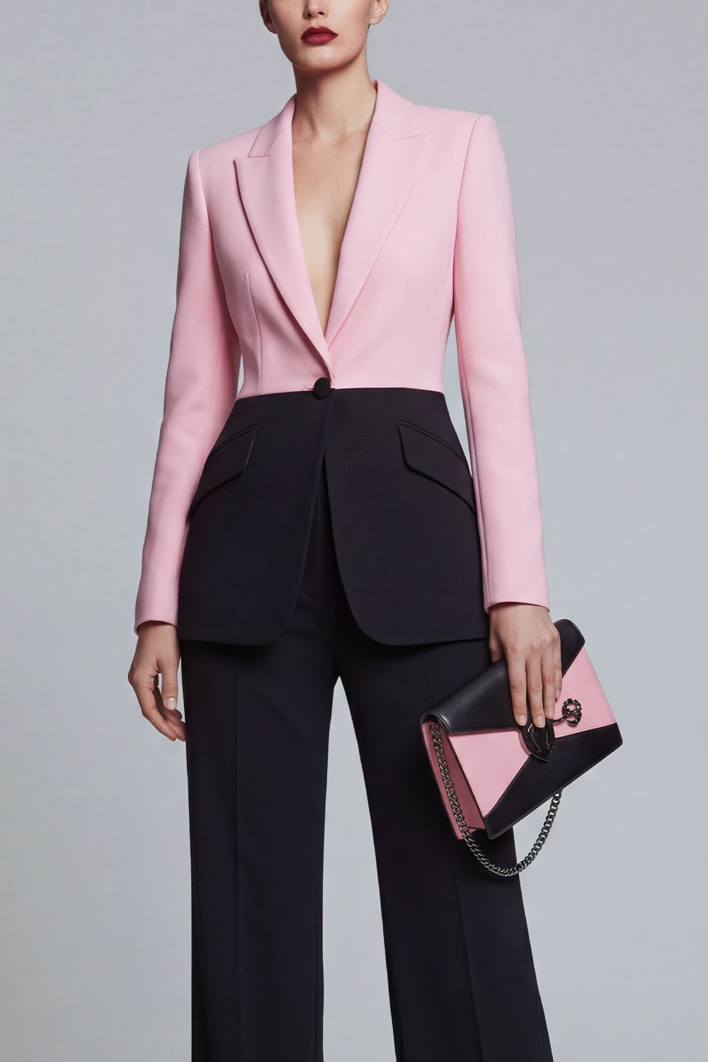 Peaked Lapel Black Pink 2 Piece Single Buckle Colorblock Women Suits