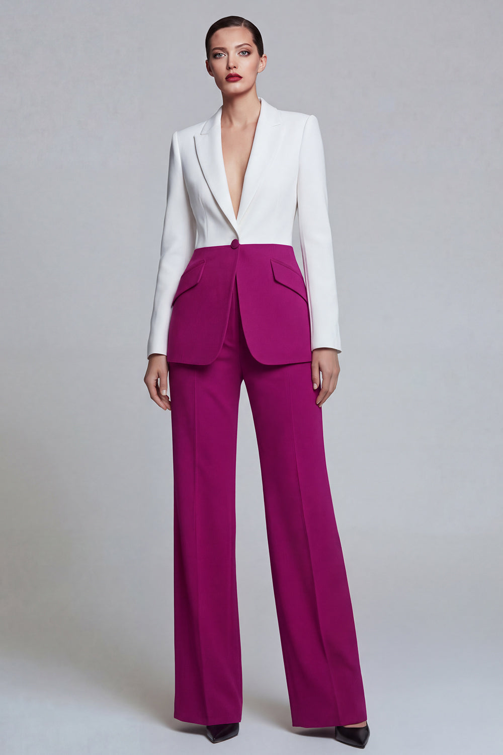 Peaked Lapel Black Pink 2 Piece Single Buckle Colorblock Women Suits