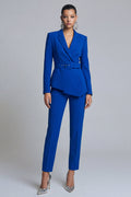 Peaked Lapel Royal Blue 2 Piece Women Suits with Belt
