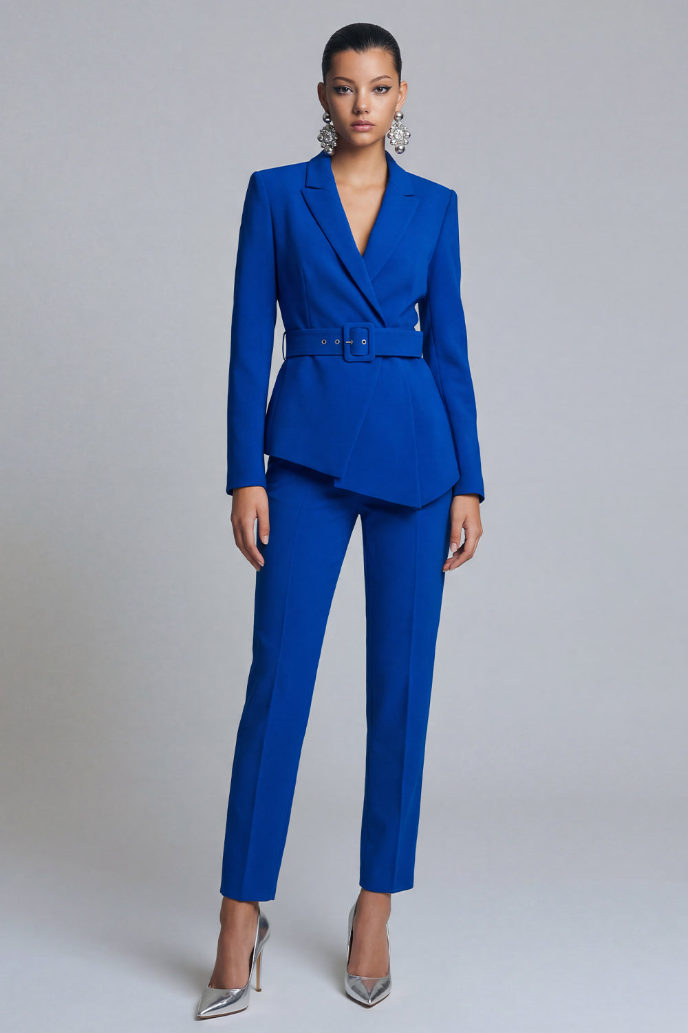 Peaked Lapel Royal Blue 2 Piece Women Suits with Belt