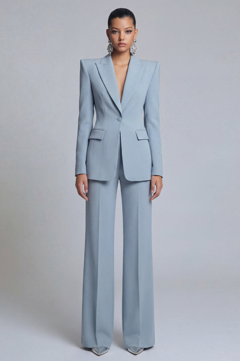 Peaked Lapel 2 Piece Single Buckle Grey Blue Women Suits