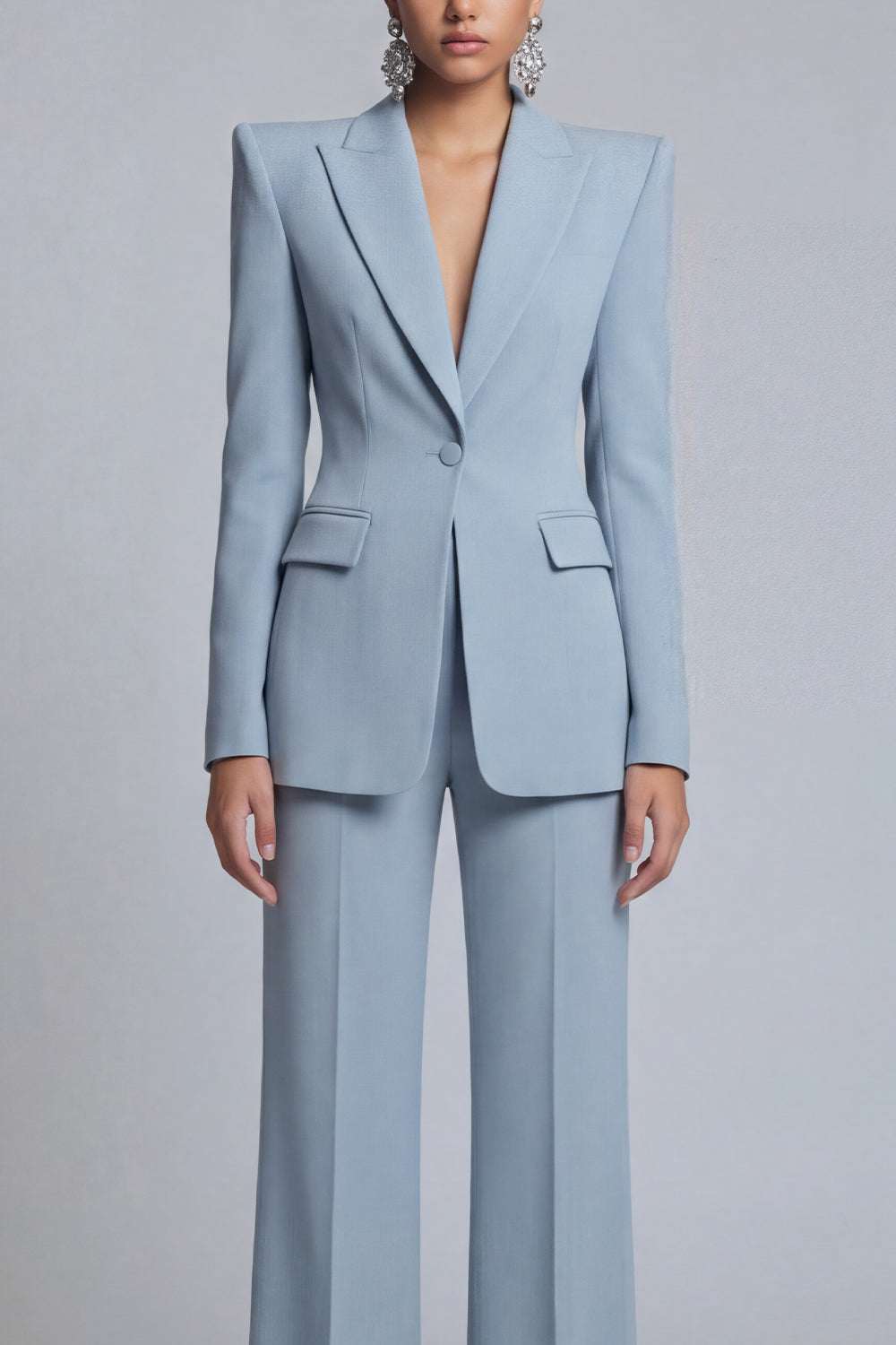 Peaked Lapel 2 Piece Single Buckle Grey Blue Women Suits