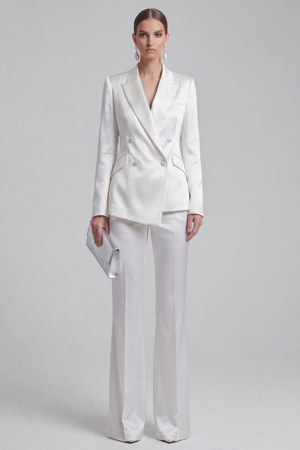 White Peaked Lapel 2 Piece Satin Women Suits