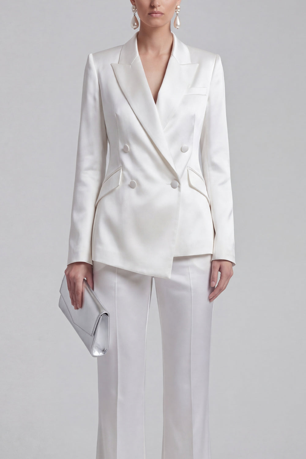 White Peaked Lapel 2 Piece Satin Women Suits