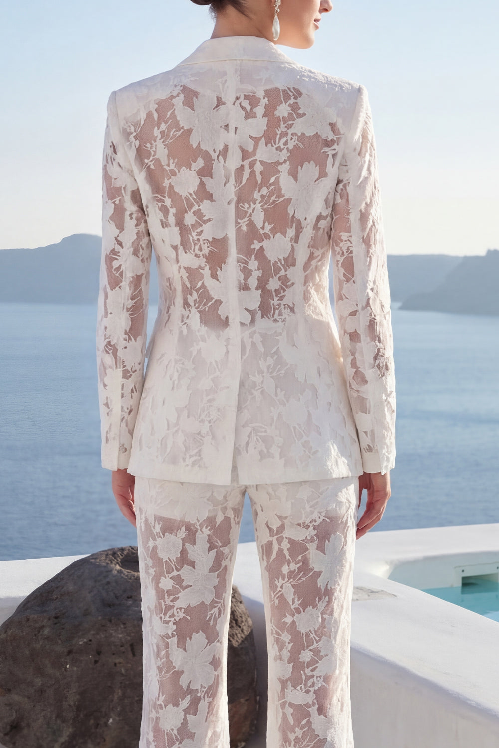Peaked Lapel Burnout 2 Piece White Women Suits