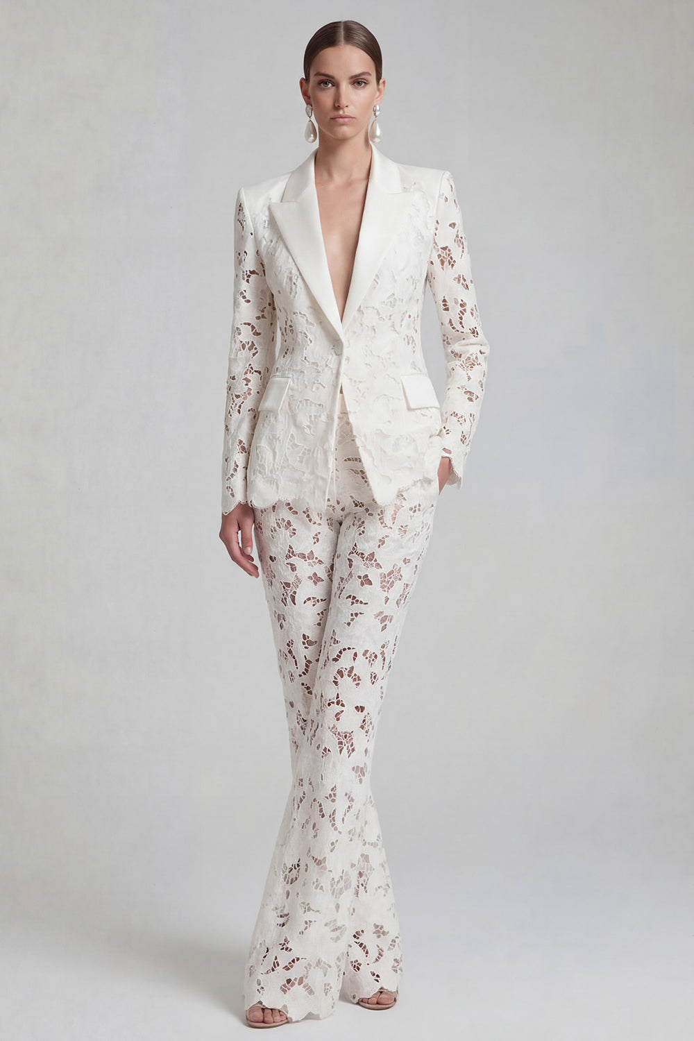 White Peaked Lapel Burnout 2 Piece Slim Fit Women Suits