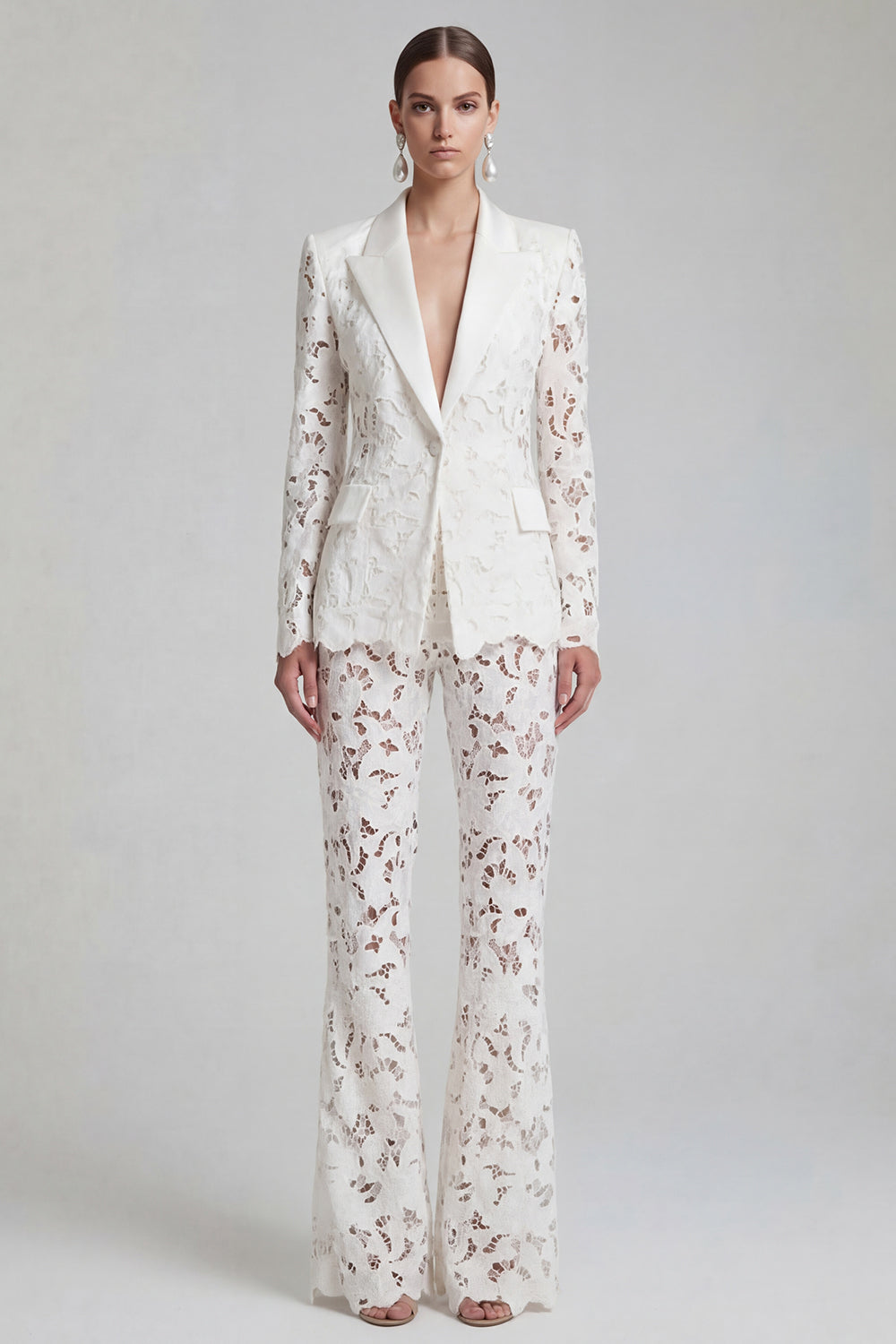 White Peaked Lapel Burnout 2 Piece Slim Fit Women Suits