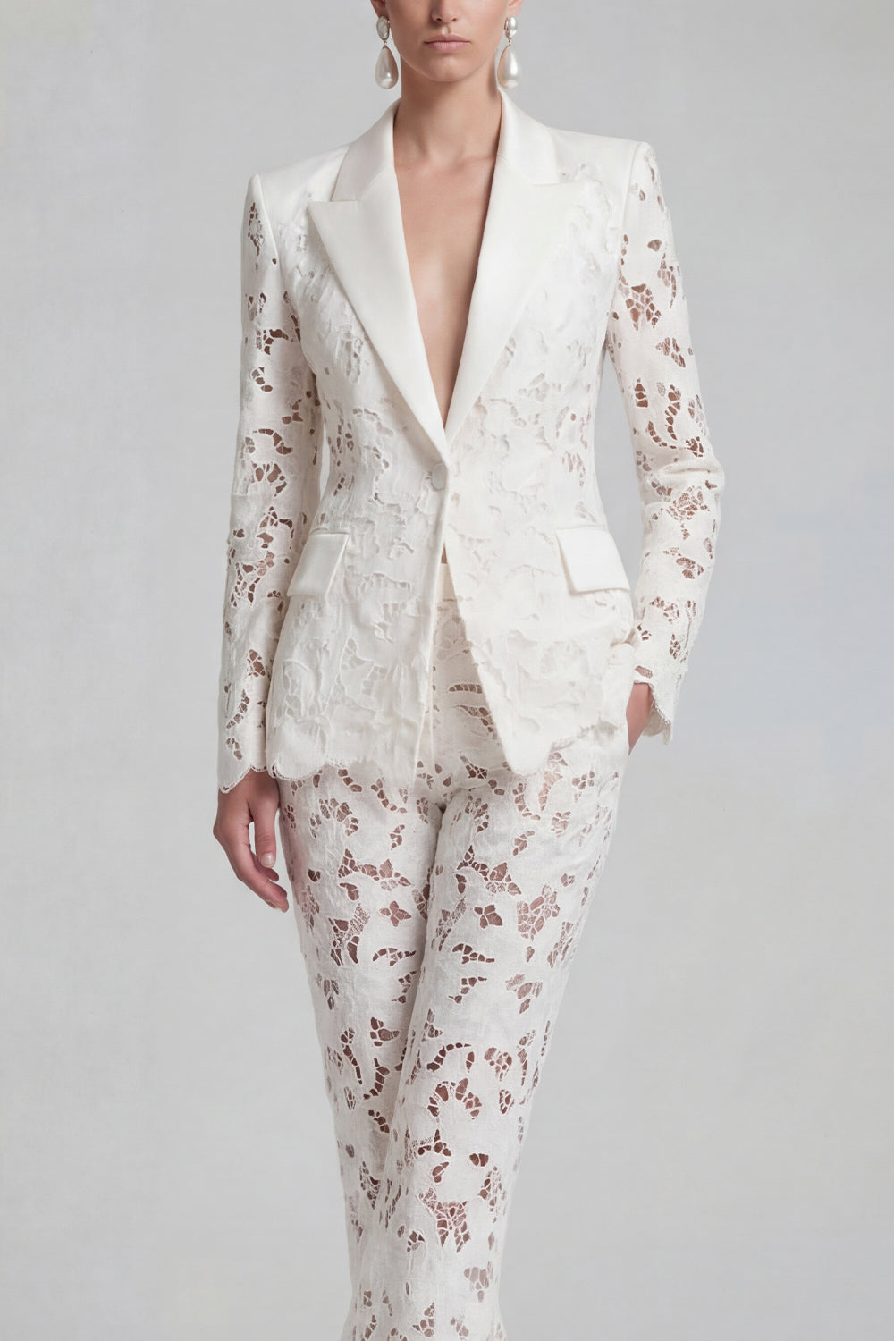 White Peaked Lapel Burnout 2 Piece Slim Fit Women Suits
