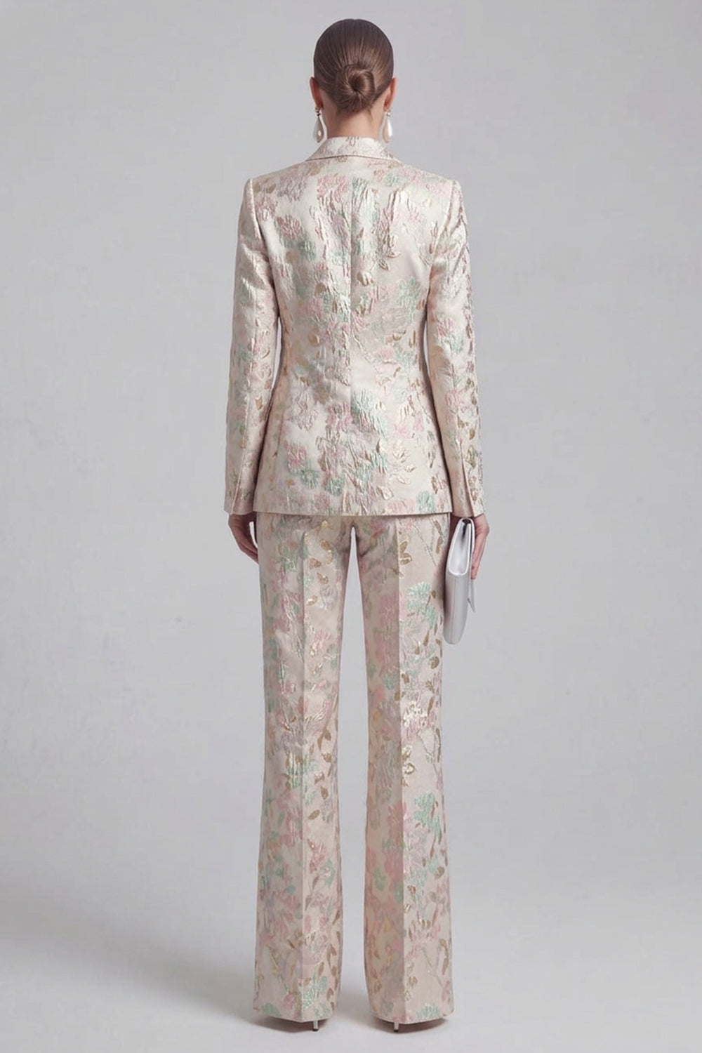 Grey Blue Peaked Lapel 2 Piece Brocade Women Suits