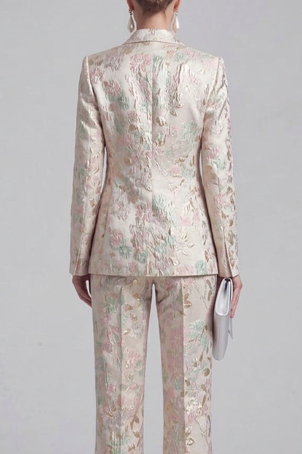 Grey Blue Peaked Lapel 2 Piece Brocade Women Suits