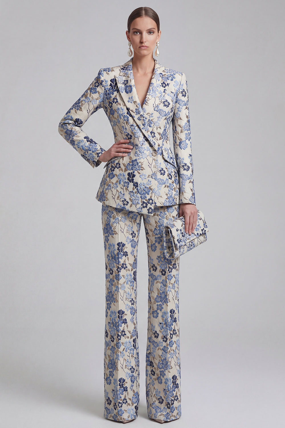Grey Blue Peaked Lapel 2 Piece Brocade Women Suits