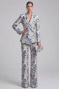 Grey Blue Peaked Lapel 2 Piece Brocade Women Suits