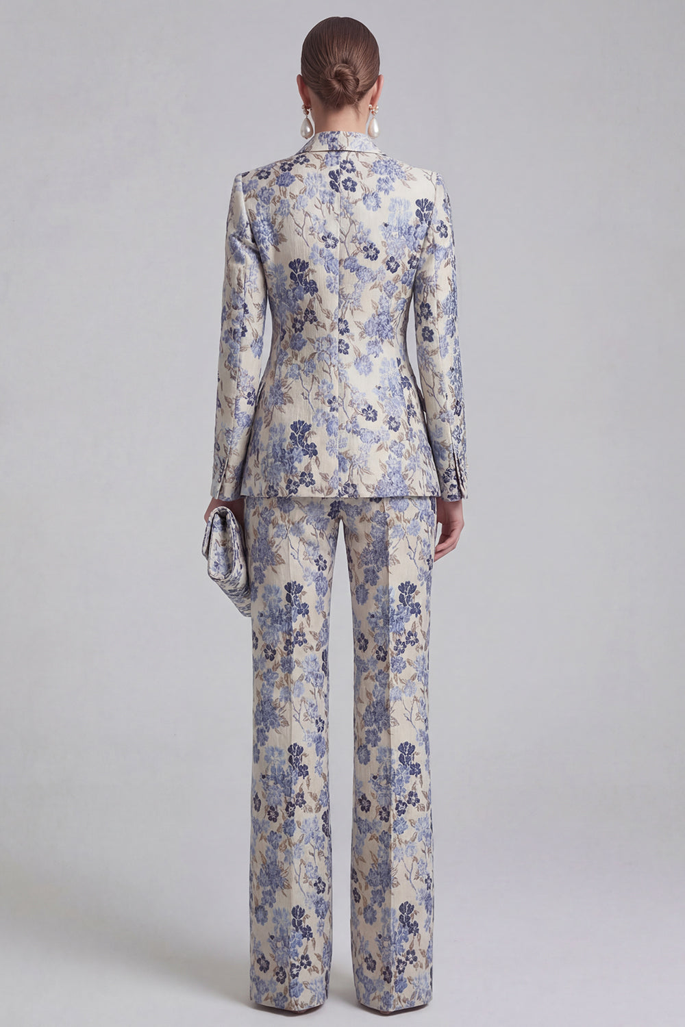 Grey Blue Peaked Lapel 2 Piece Brocade Women Suits