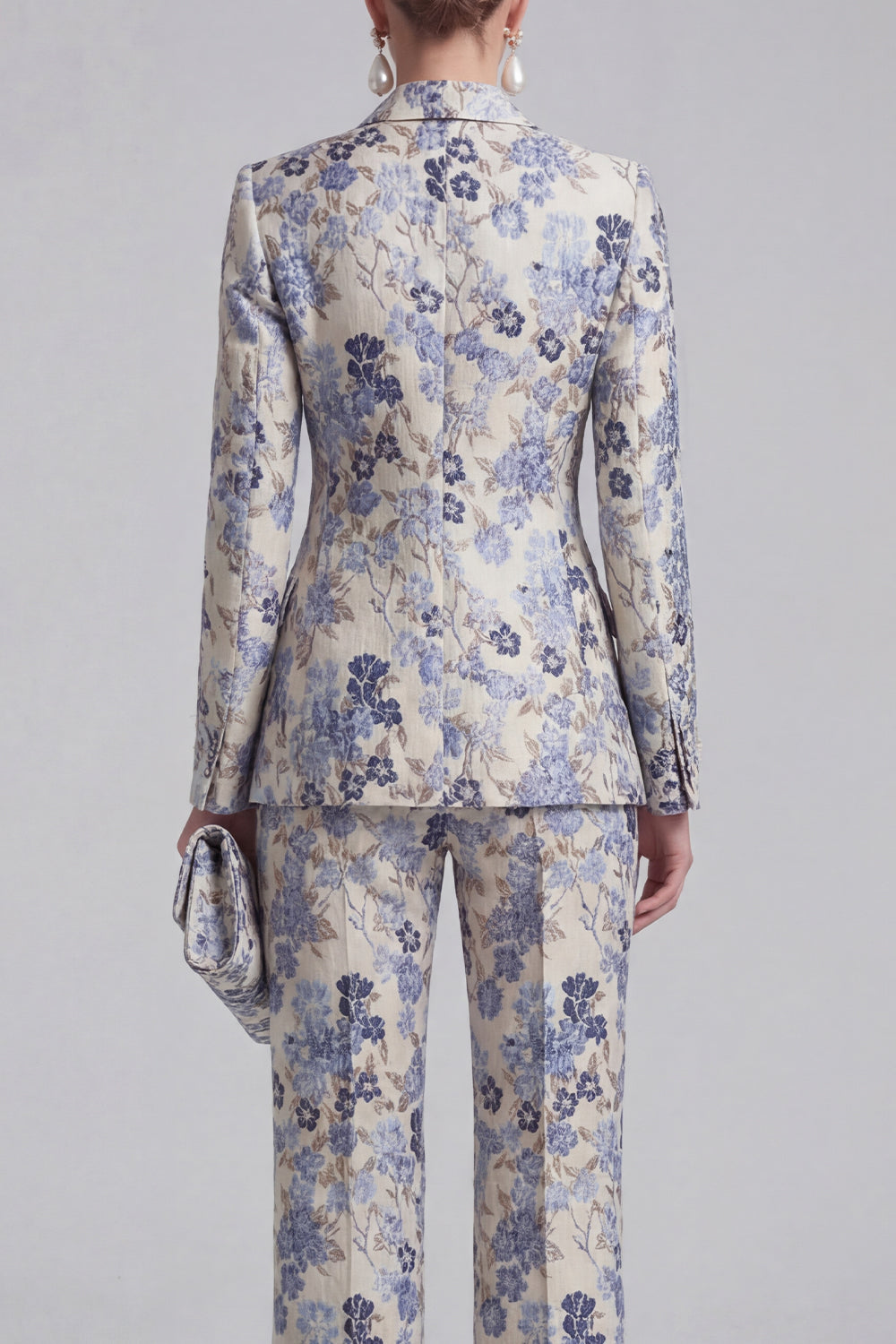 Grey Blue Peaked Lapel 2 Piece Brocade Women Suits