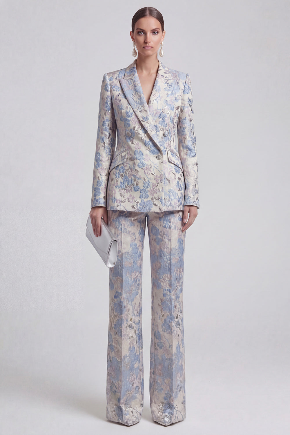 Grey Blue Peaked Lapel 2 Piece Brocade Women Suits
