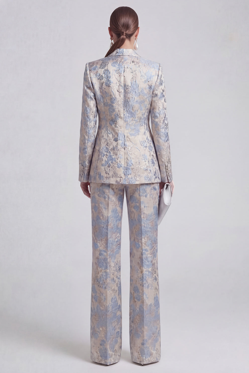 Grey Blue Peaked Lapel 2 Piece Brocade Women Suits