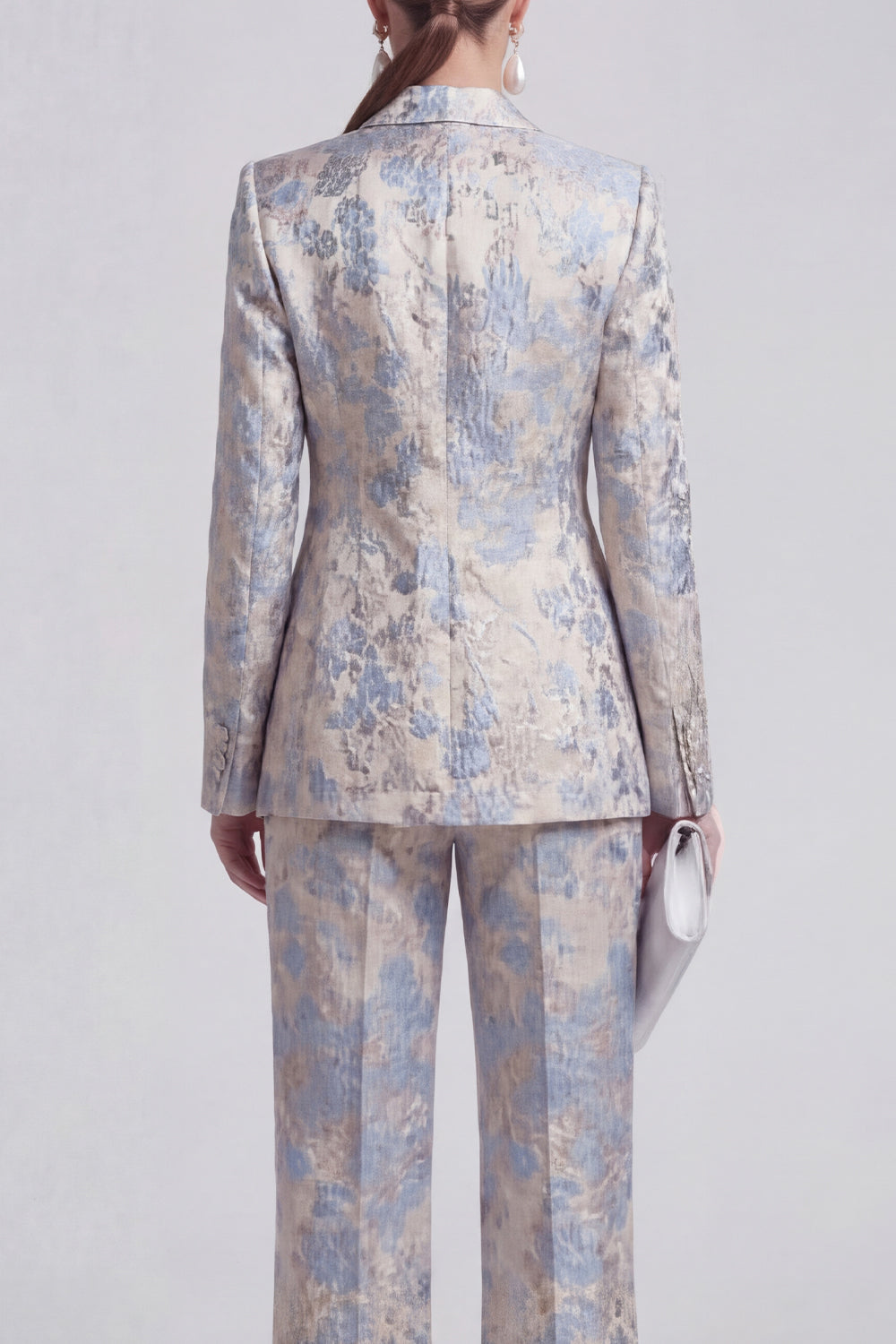 Grey Blue Peaked Lapel 2 Piece Brocade Women Suits