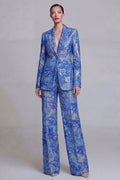 Dark Blue Floral Notched Lapel Burnout Women Suits