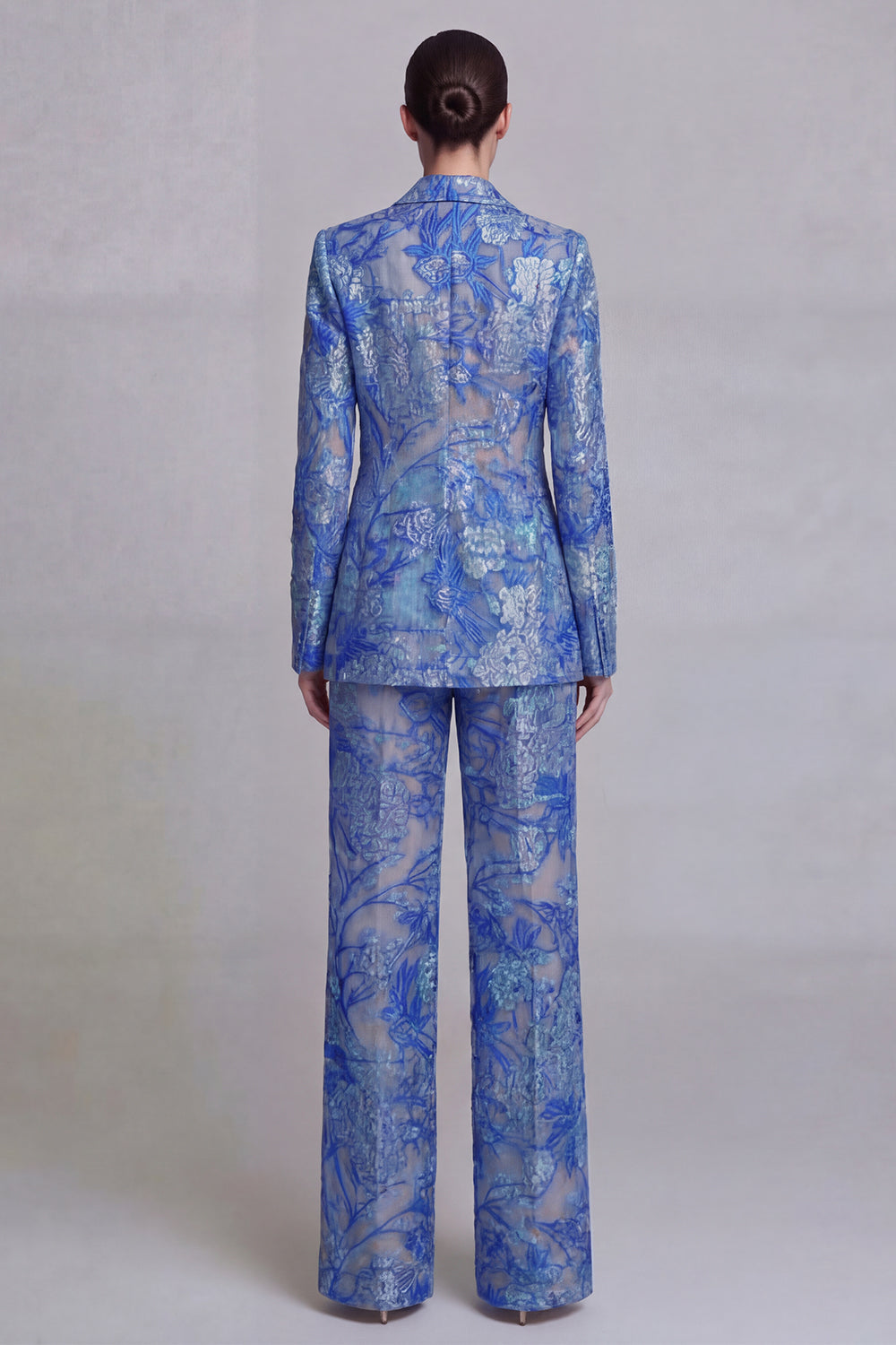 Dark Blue Floral Notched Lapel Burnout Women Suits