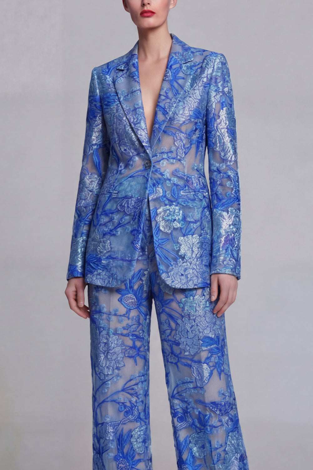 Dark Blue Floral Notched Lapel Burnout Women Suits