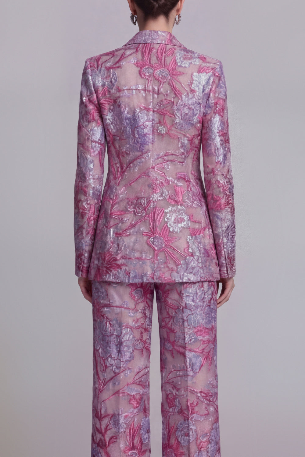 Dark Blue Floral Notched Lapel Burnout Women Suits