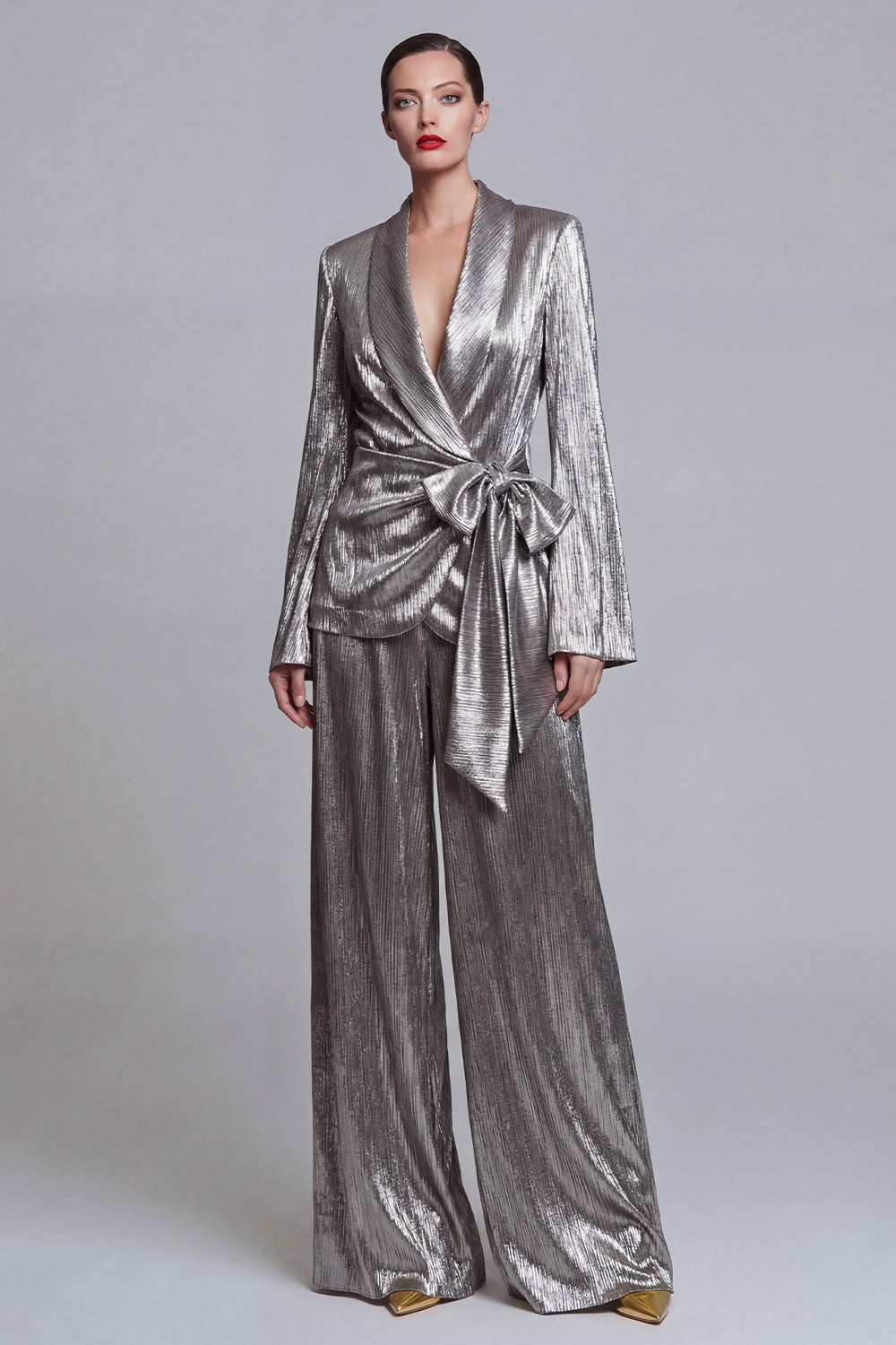 Metallic Shawl Lapel 2 Piece Grey Bowed Women Suits