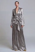 Metallic Shawl Lapel 2 Piece Grey Bowed Women Suits