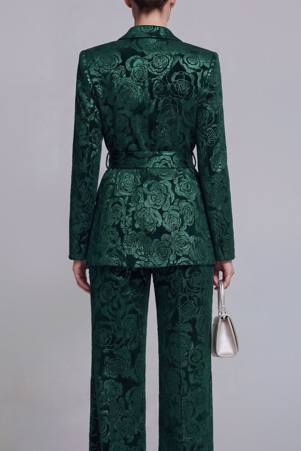 Jacquard Dark Green Notched Lapel 2 Piece Women Suits with Belt