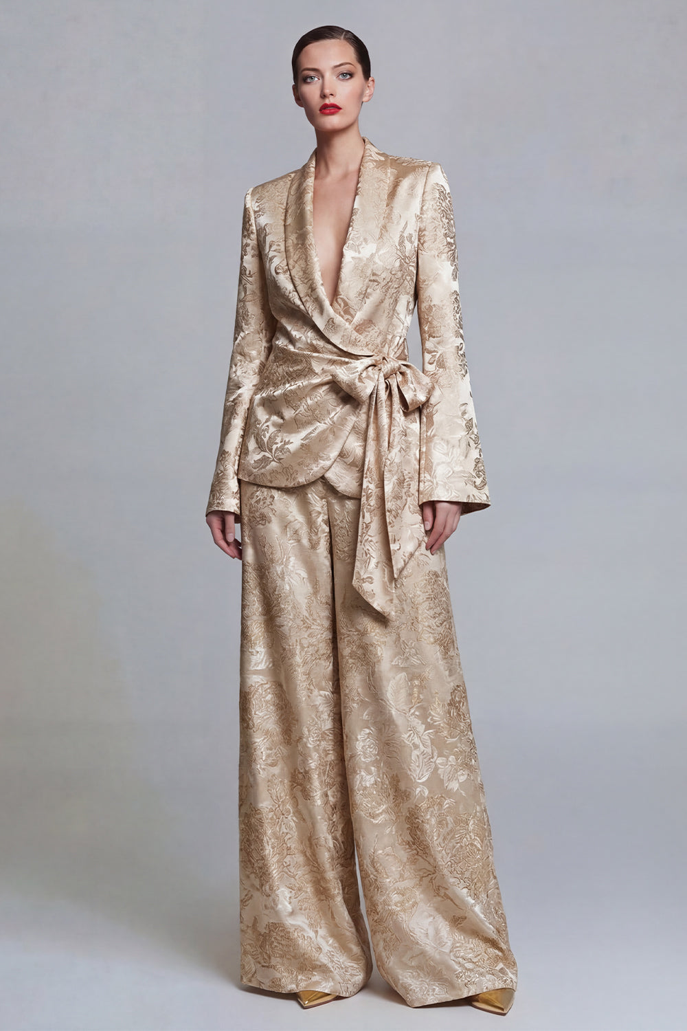 Jacquard Champagne Shawl Lapel 2 Piece Bowed Women Suits