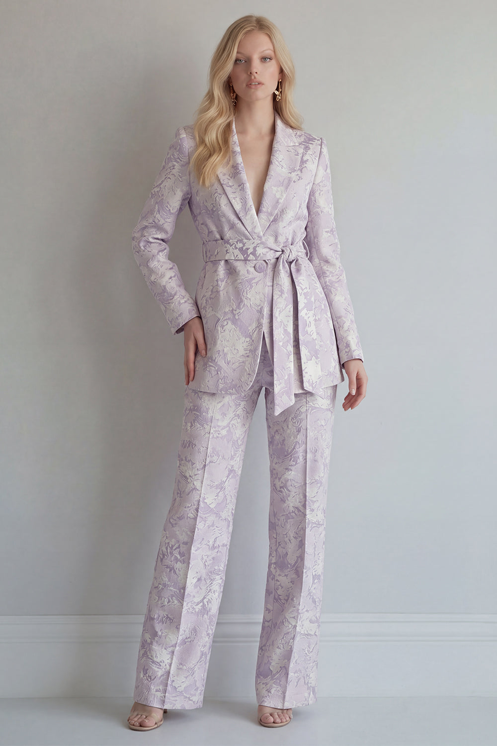 Jacquard Peaked Lapel 2 Piece Lilac Women Suits with Belt