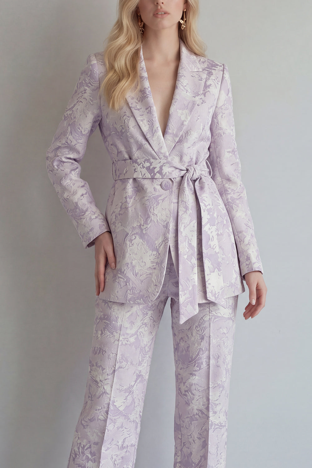 Jacquard Peaked Lapel 2 Piece Lilac Women Suits with Belt