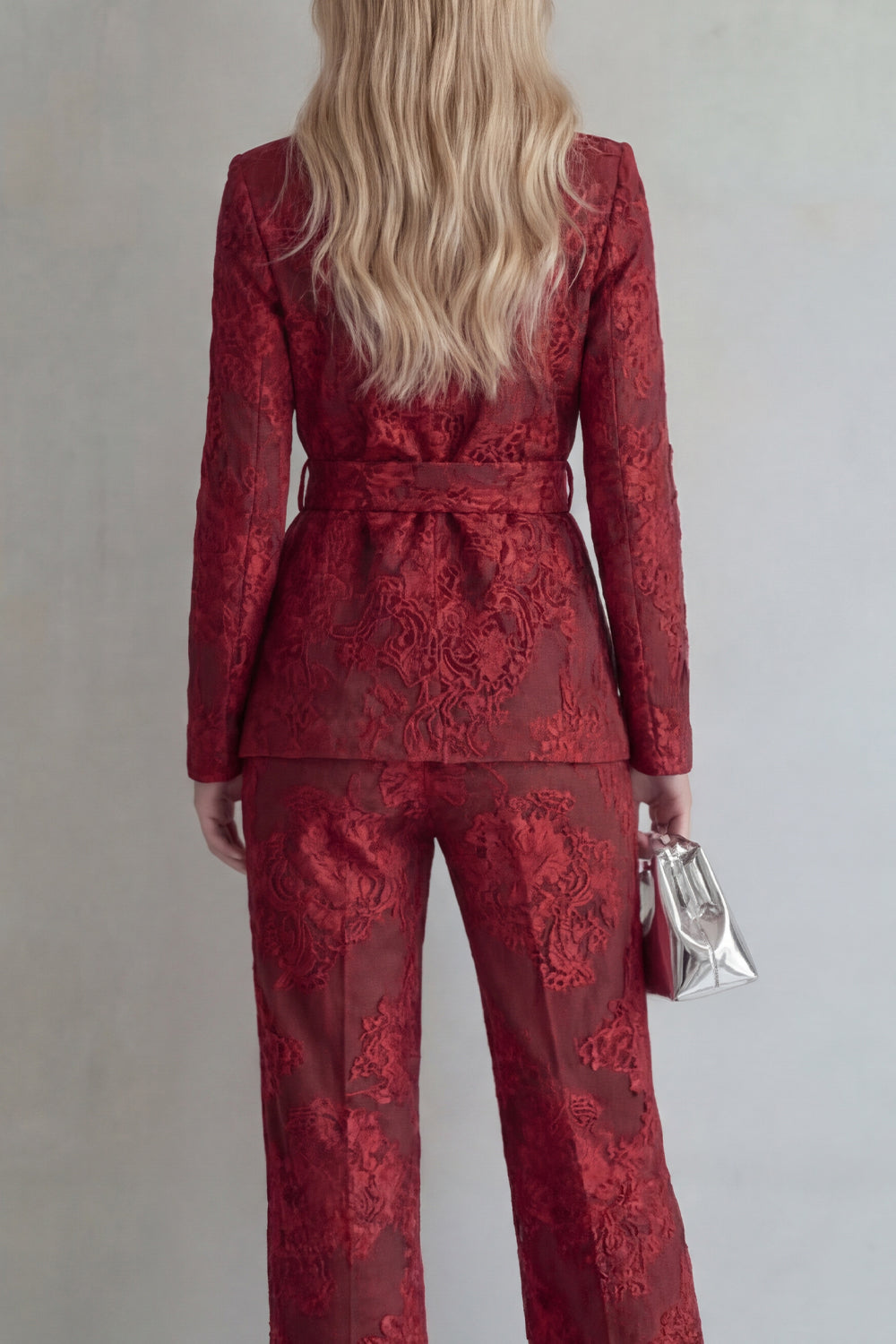 Red Notched Lapel 2 Piece Floral Women Suits with Belt
