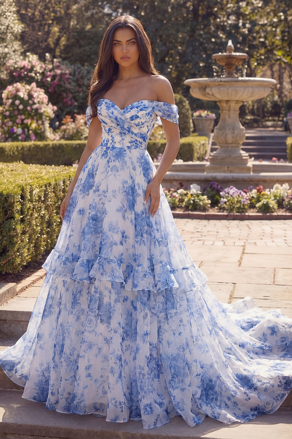 Off the Shoulder Blue Floral A Line Ruffled Prom Dress