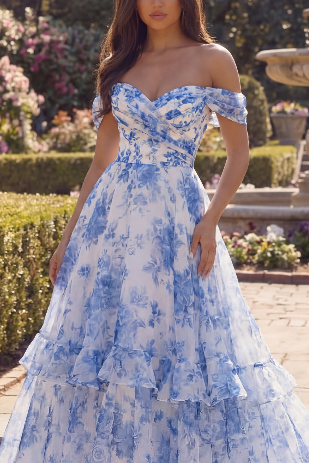 Off the Shoulder Blue Floral A Line Ruffled Prom Dress