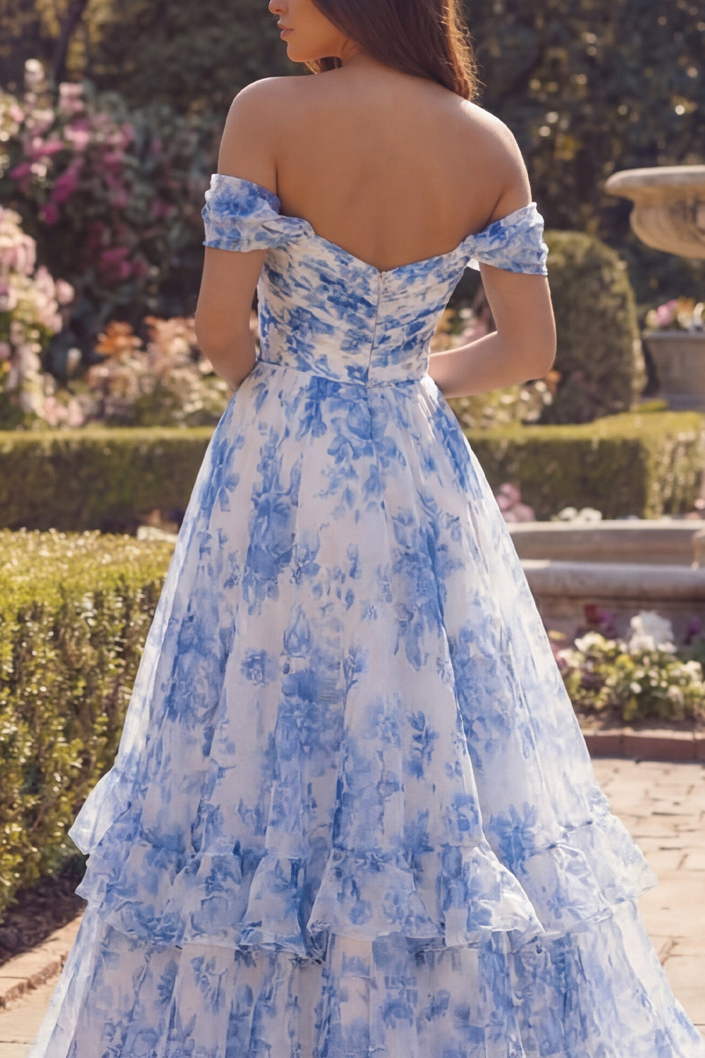 Off the Shoulder Blue Floral A Line Ruffled Prom Dress