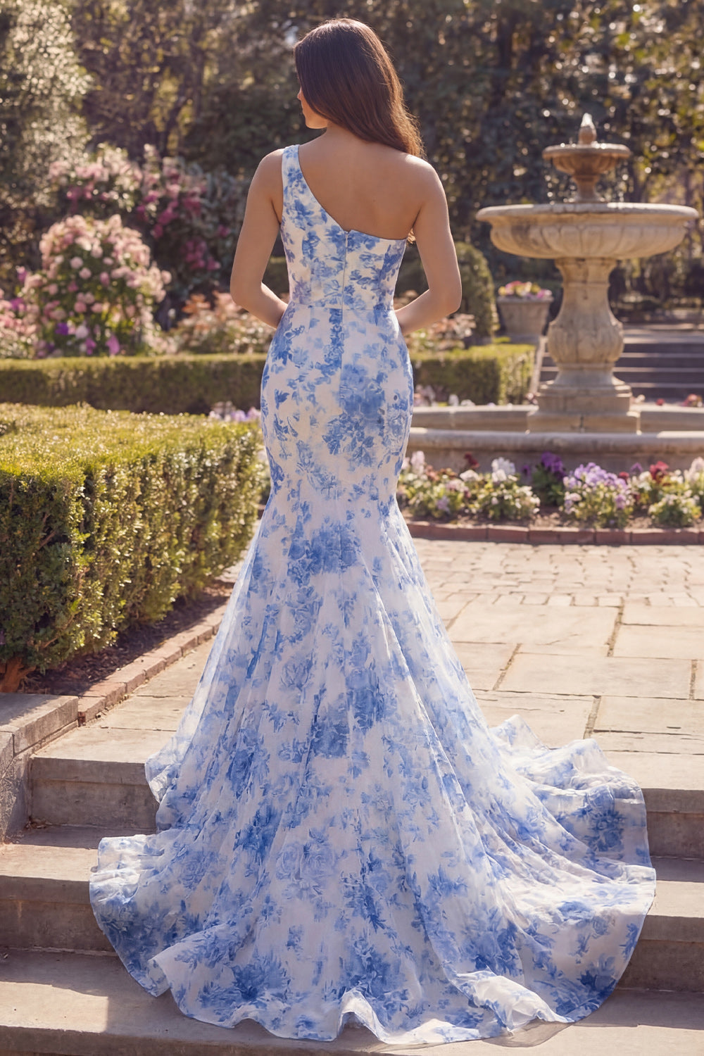 One Shoulder Blue Floral Mermaid Maxi Prom Dress