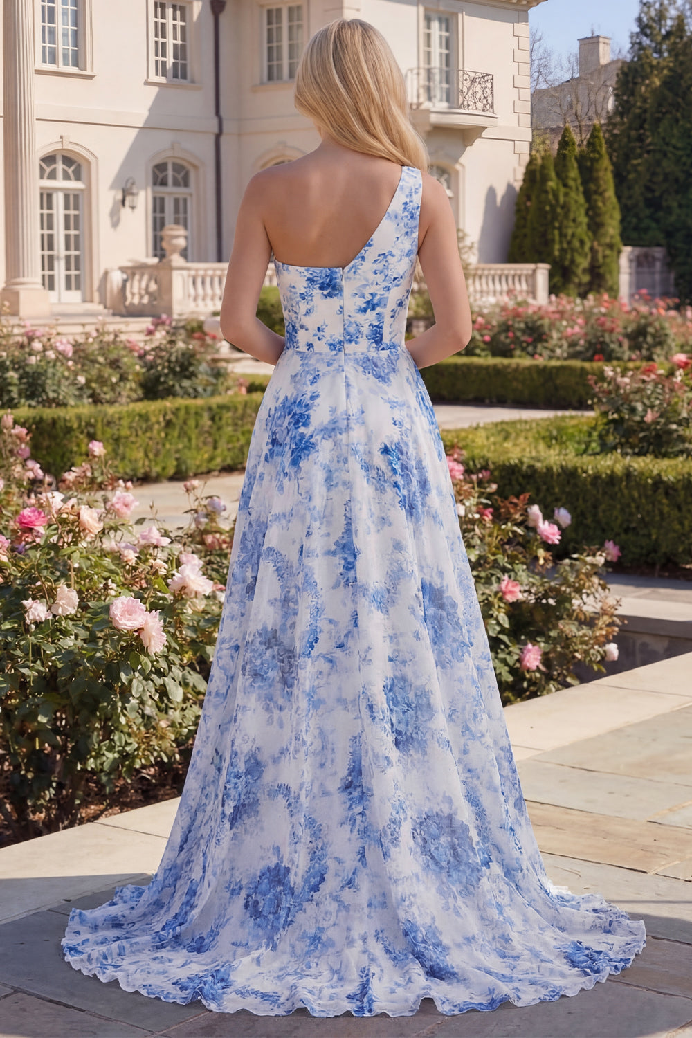 Blue Floral One Shoulder A Line Maxi Prom Dress with Slit