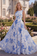 Boat Nack Blue Floral A Line Maxi Prom Dress