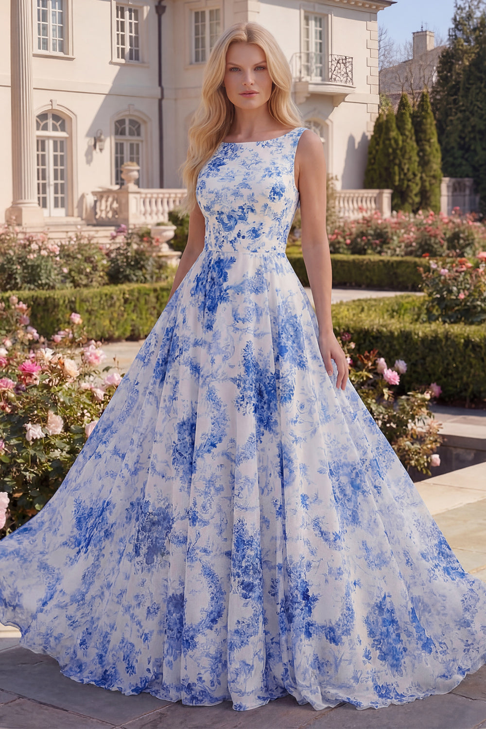 Boat Nack Blue Floral A Line Maxi Prom Dress