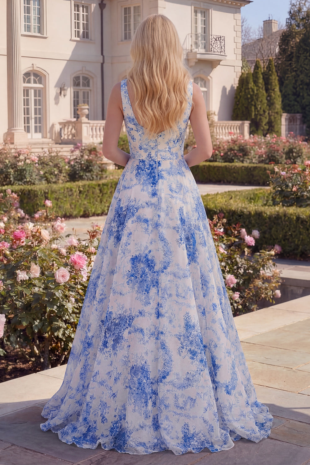 Boat Nack Blue Floral A Line Maxi Prom Dress