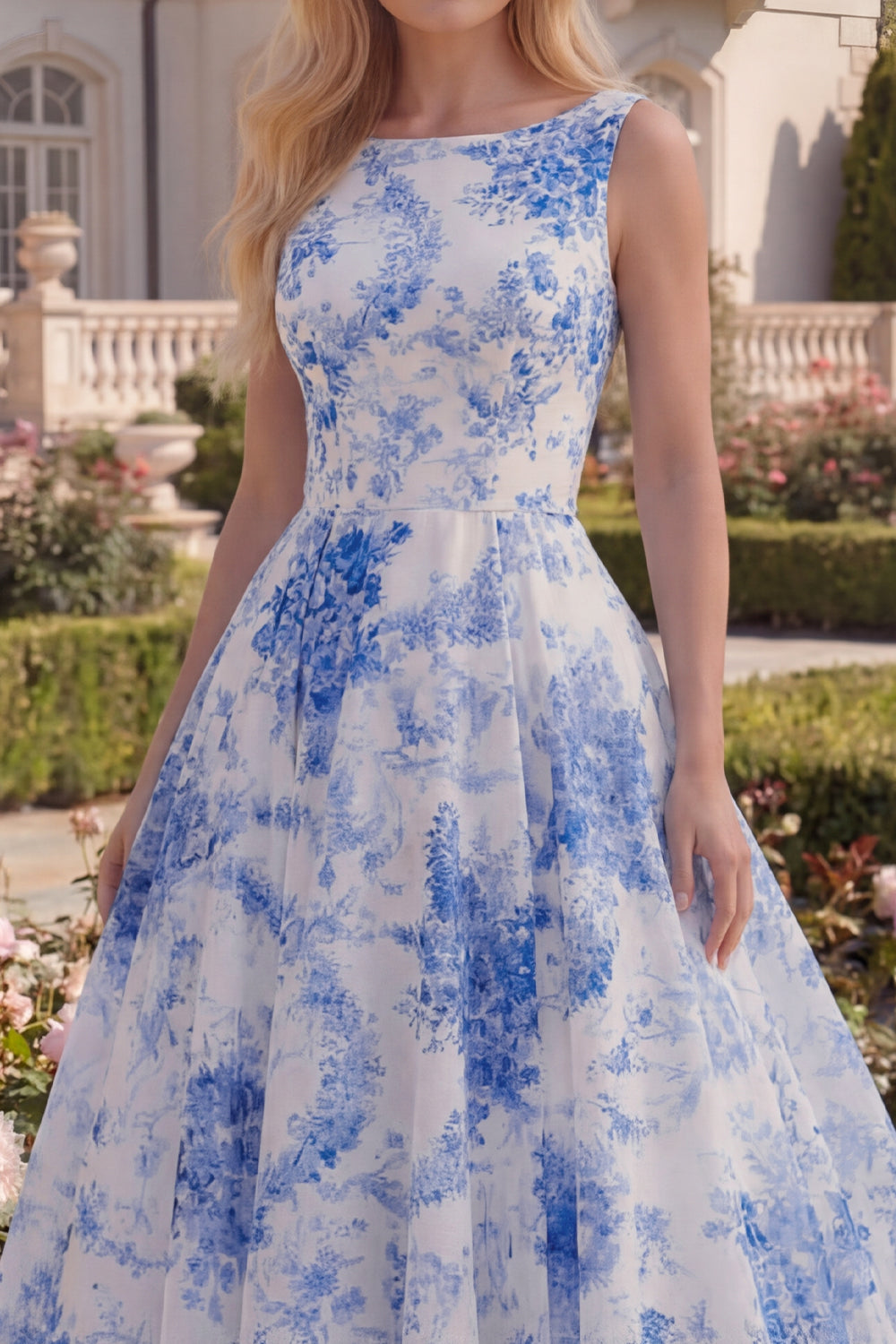 Boat Nack Blue Floral A Line Maxi Prom Dress