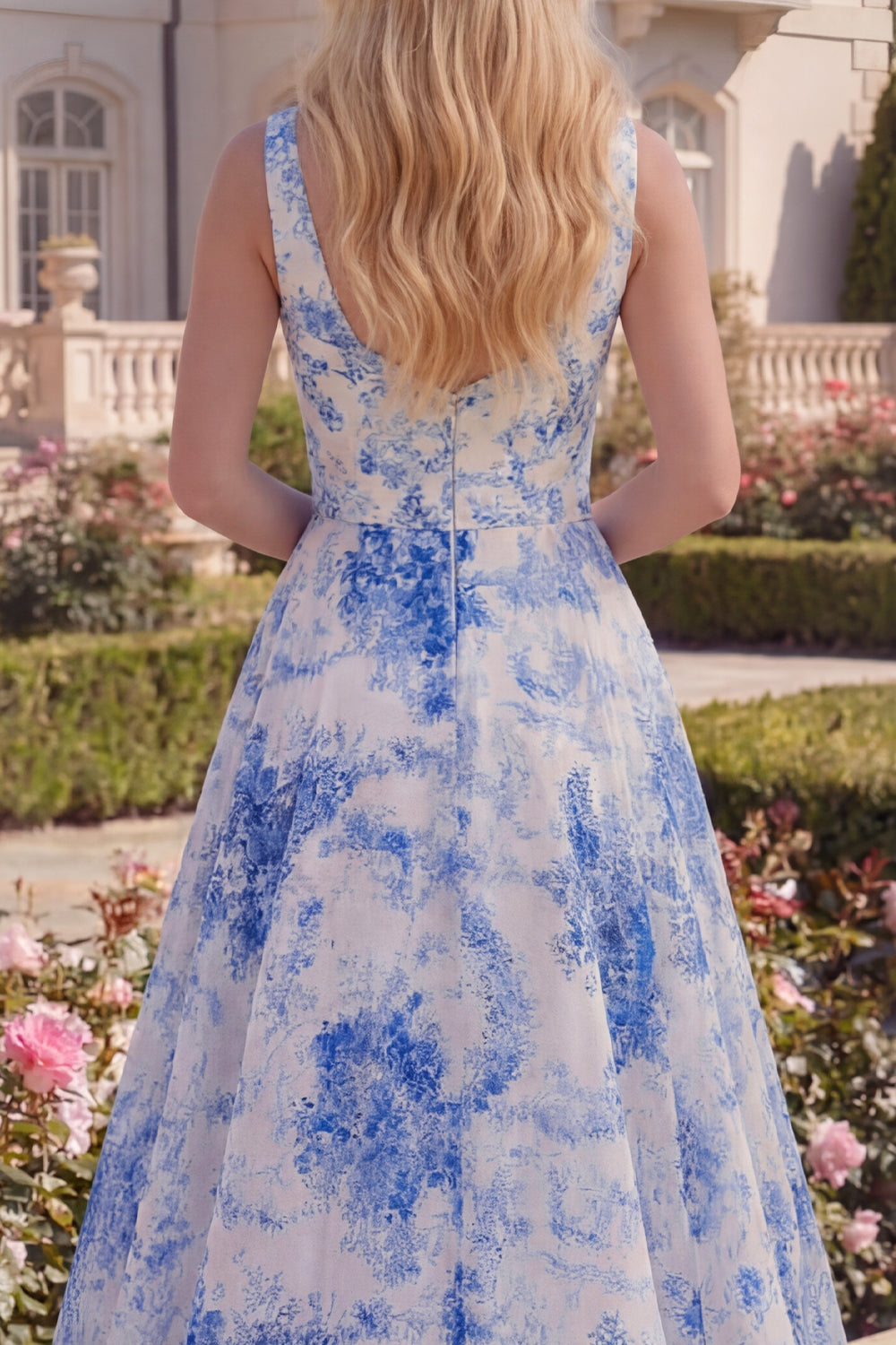 Boat Nack Blue Floral A Line Maxi Prom Dress