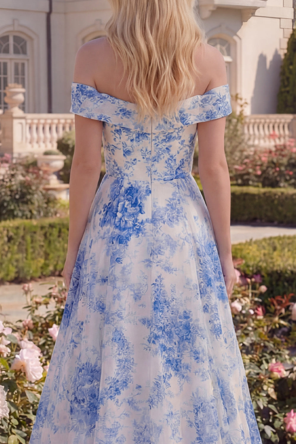 Blue Floral Off the Shoulder A Line Maxi Prom Dress