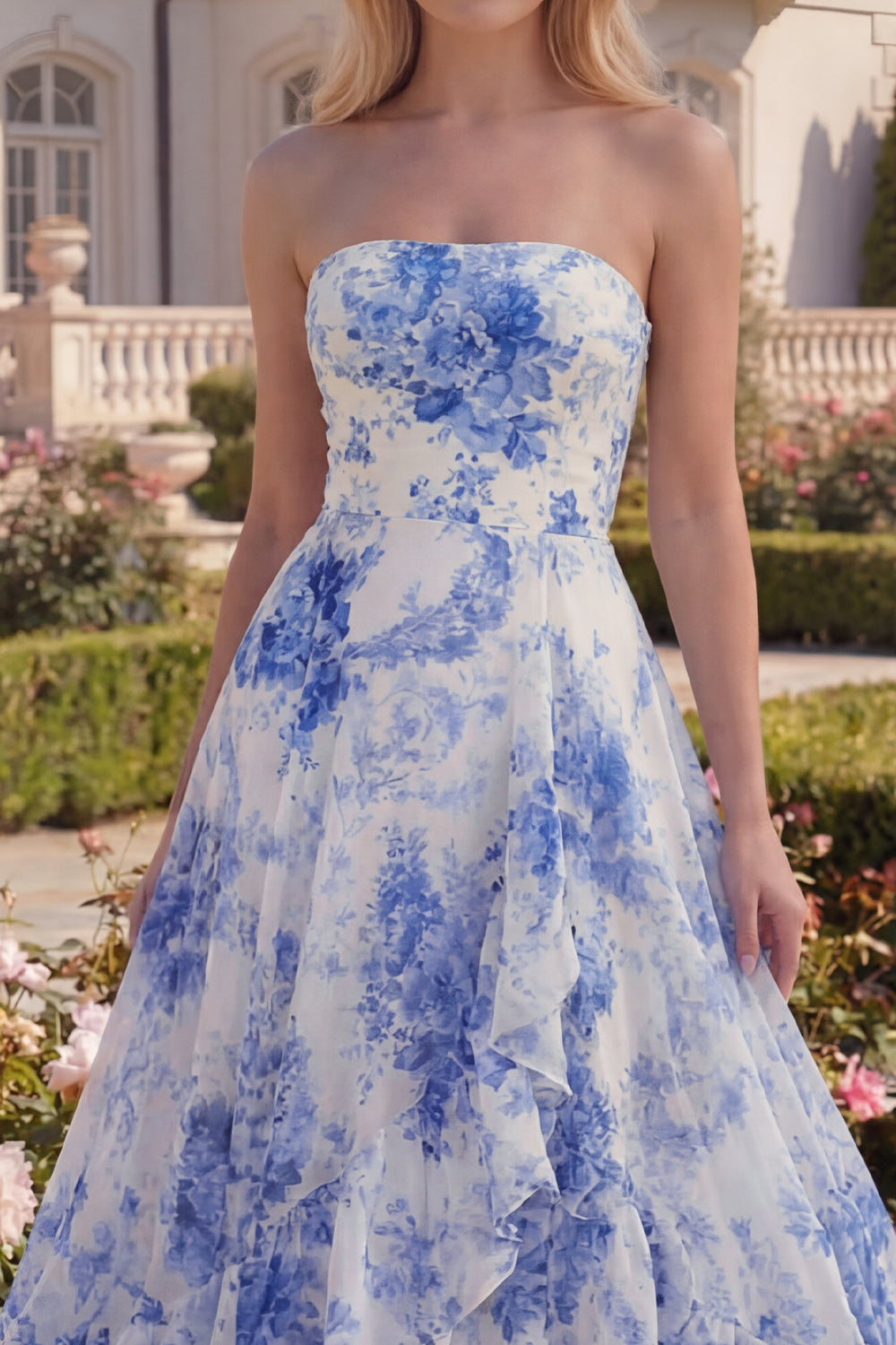 Strapless Ruffled Blue Floral A Line Maxi Prom Dress