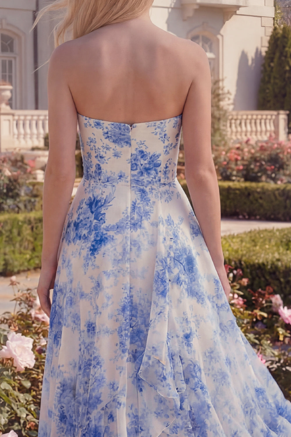 Strapless Ruffled Blue Floral A Line Maxi Prom Dress