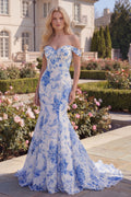 Blue Floral Off the Shoulder Mermaid Maxi Prom Dress