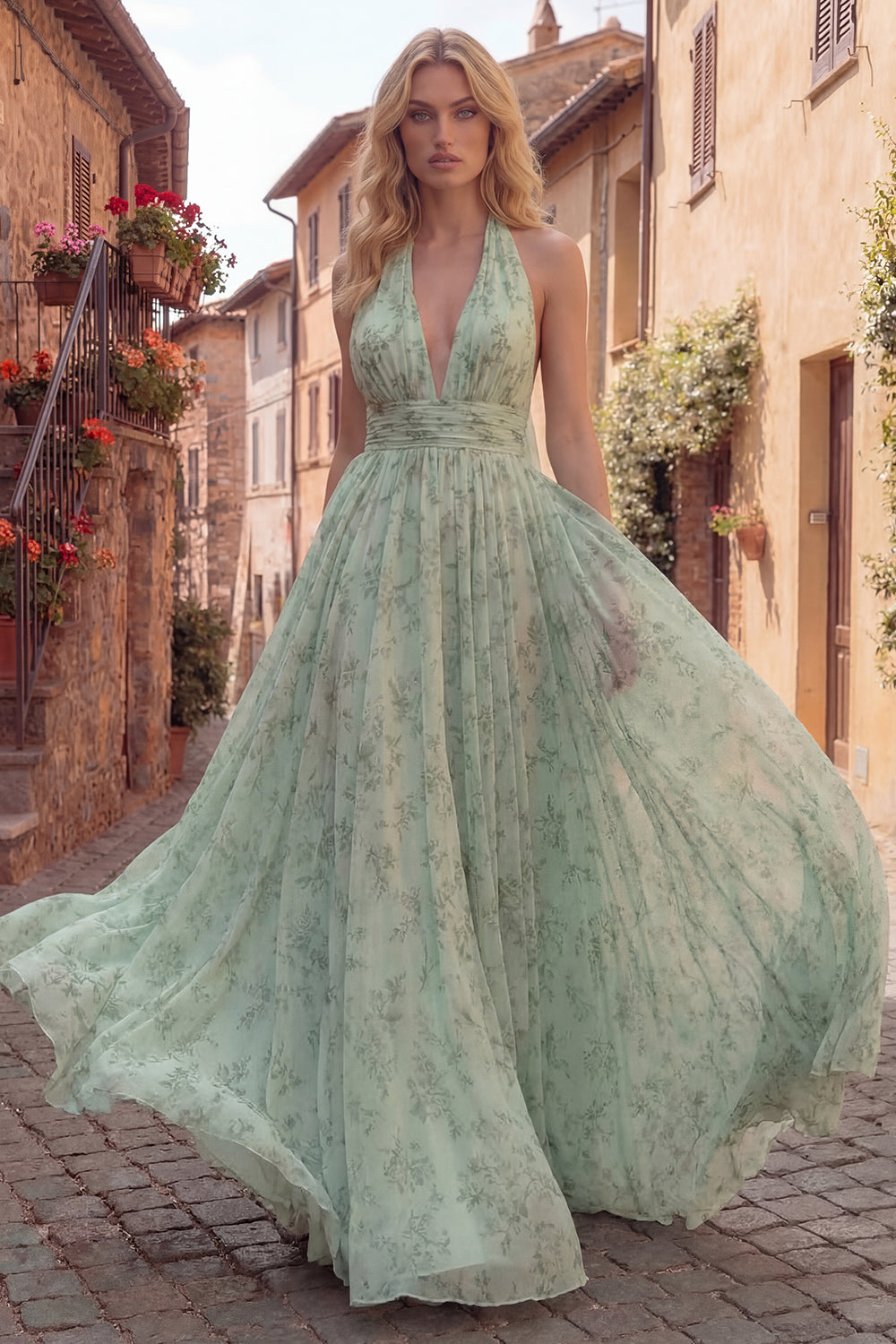 Halter Dusty Sage A Line Maxi Prom Dress